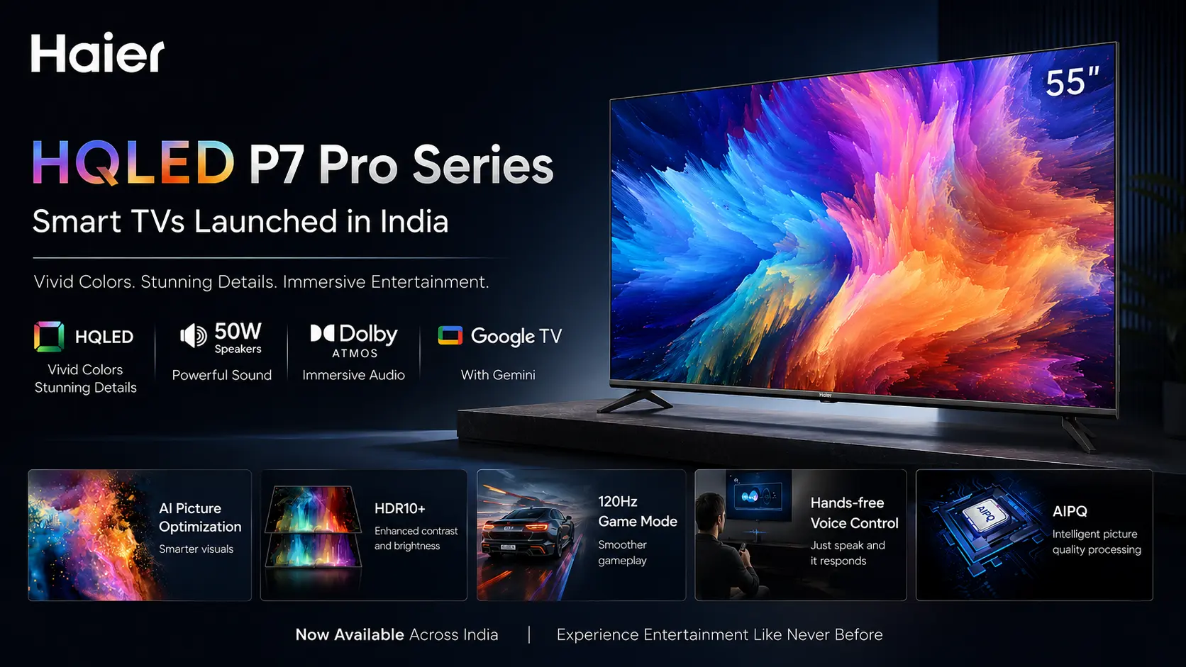 Haier HQLED P7 Pro Series Smart TV displaying vivid 4K content with Google TV interface.