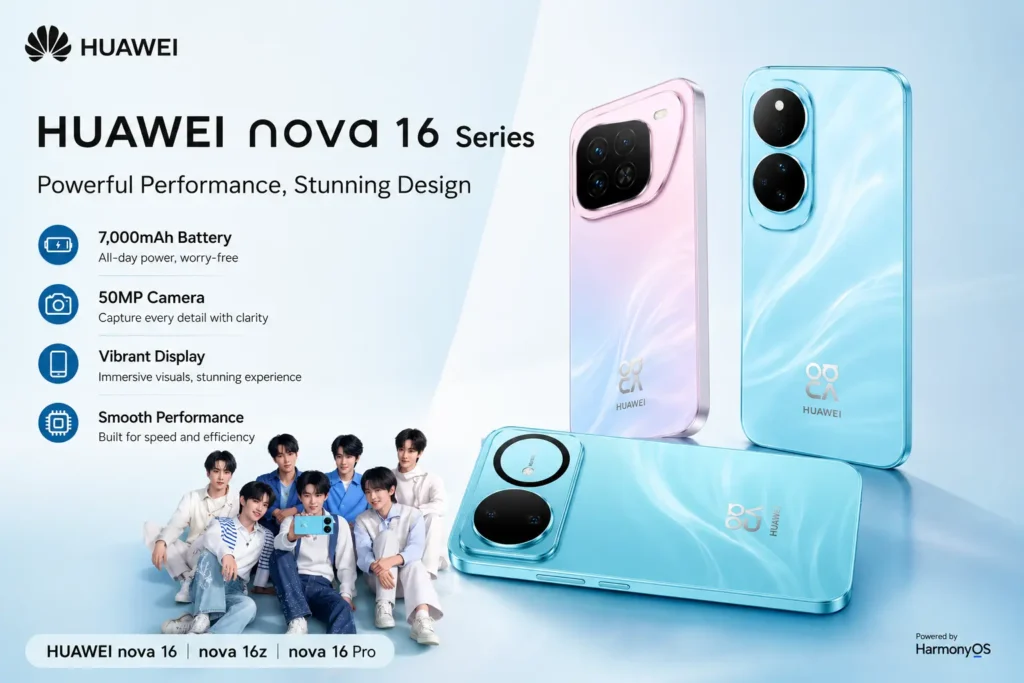 Huawei Nova 16 Pro and Nova 16 Ultra in Iridescent Mother of Pearl featuring 7,000mAh battery