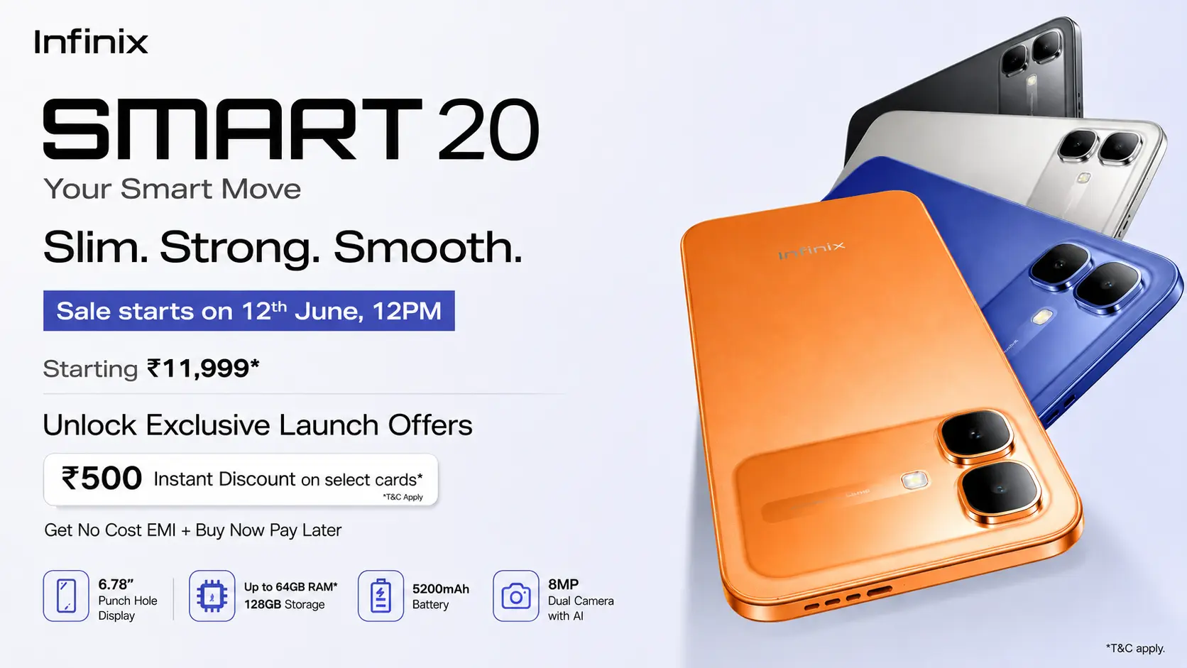 Infinix Smart 20 in Sunlike Orange showing its 7.7mm ultra-slim profile and 120Hz display.