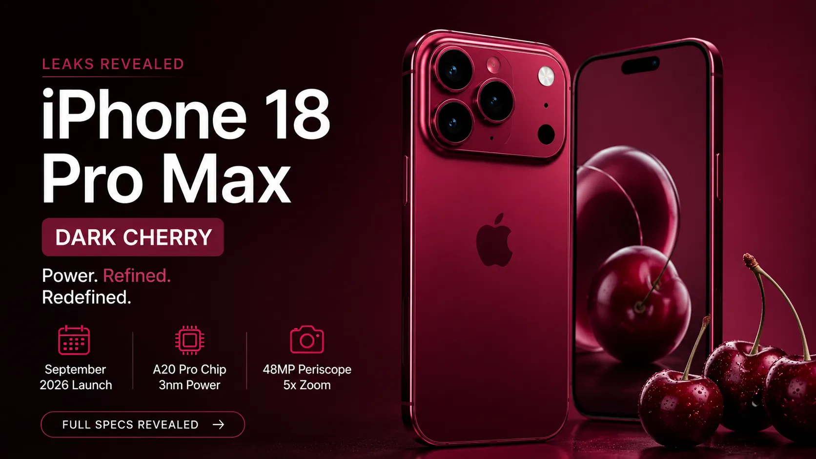 iPhone 18 Pro Max leak render in Dark Cherry showcasing the refined camera module.