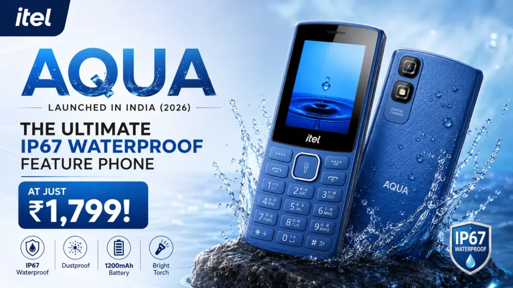 Itel Aqua IP67 water resistant feature phone in Blue and Red.