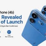 Nothing Phone 4b in official Blue colourway showing transparent back and updated horizontal Glyph Bar.