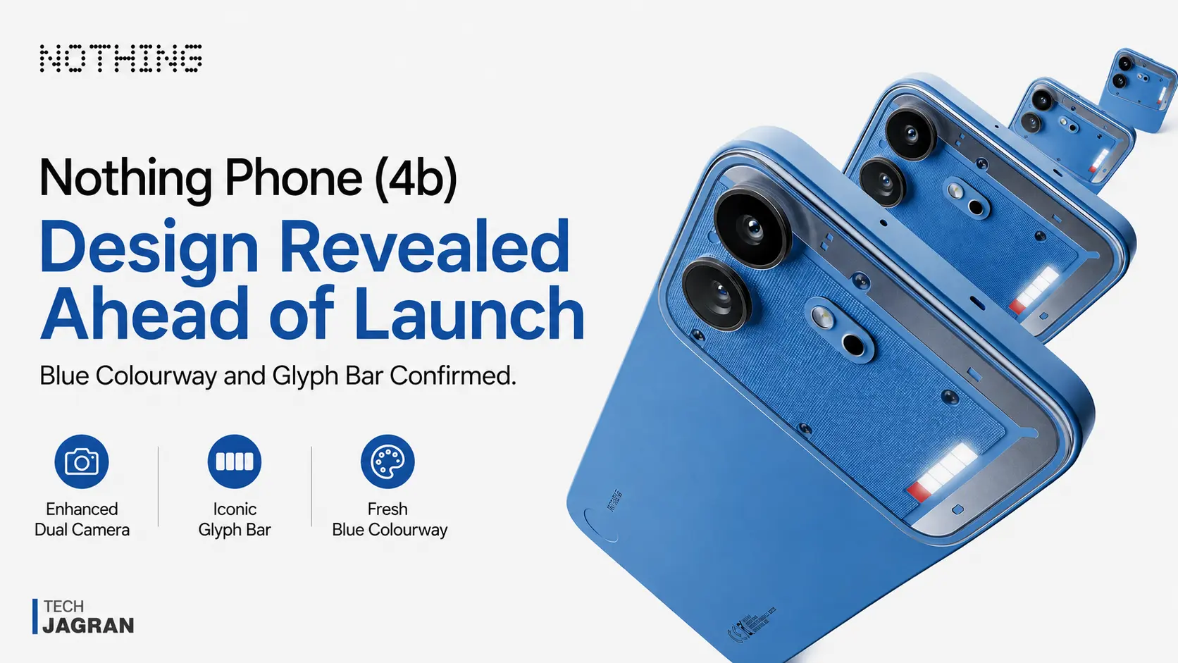 Nothing Phone 4b in official Blue colourway showing transparent back and updated horizontal Glyph Bar.