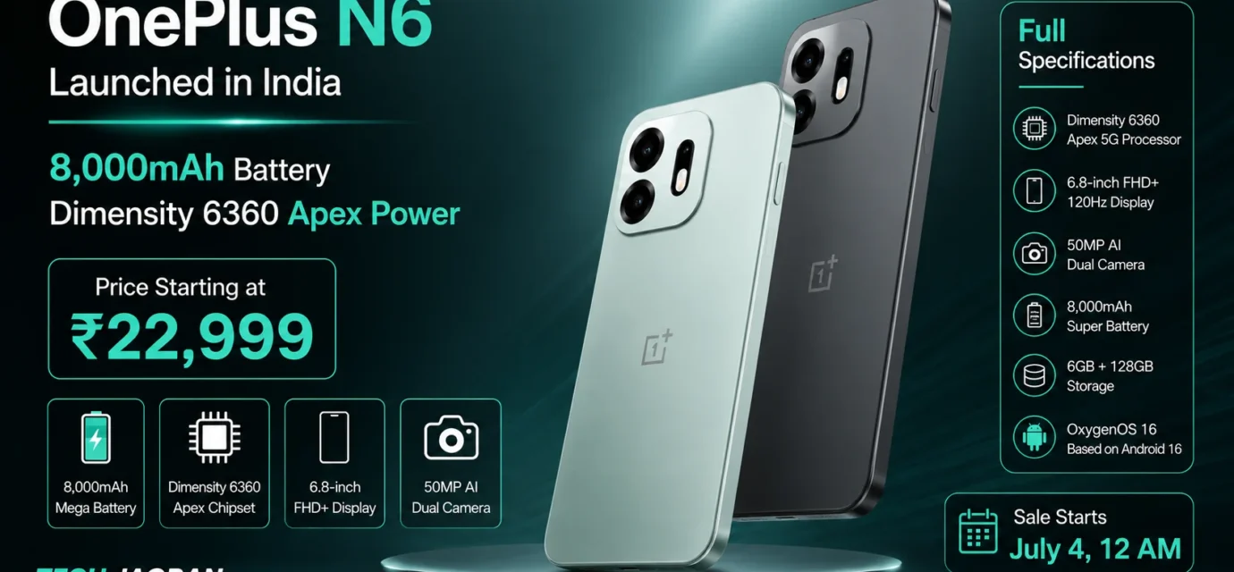 OnePlus N6 in Fresh Mint featuring an 8,000mAh battery and 120Hz display layout.