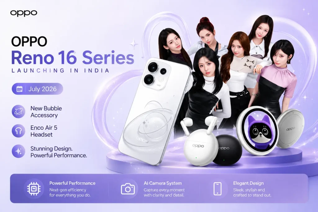OPPO Reno 16 Series 5G with the magnetic Oppo Bubble selfie accessory and Enco Air 5 wireless earbuds.