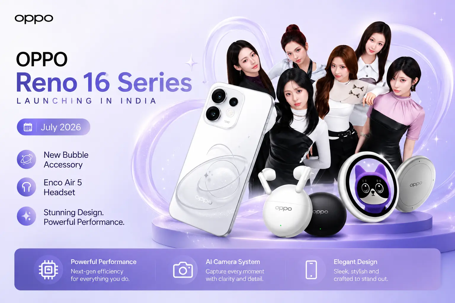 OPPO Reno 16 Series 5G with the magnetic Oppo Bubble selfie accessory and Enco Air 5 wireless earbuds.