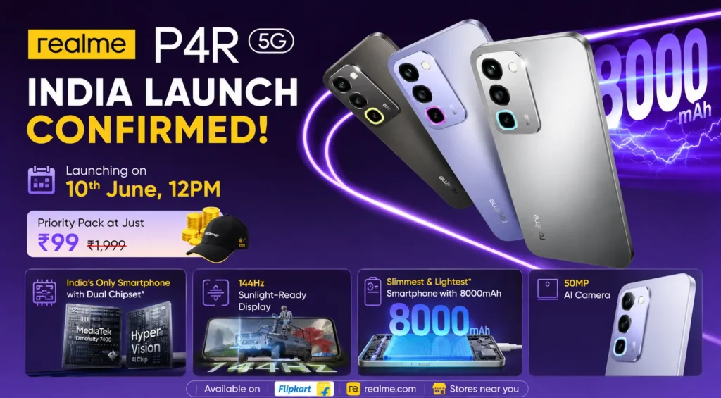 Realme P4R 5G in Lavender Glare featuring a massive 8,000mAh battery and 144Hz display.
