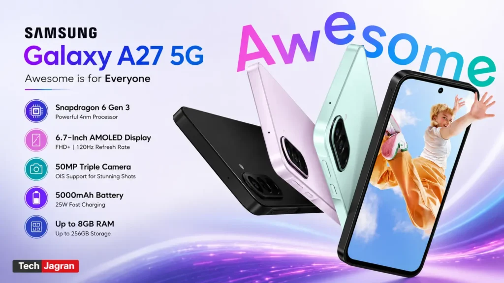 Samsung Galaxy A27 5G in Light Green featuring a 6.7-inch 120Hz Super AMOLED display.