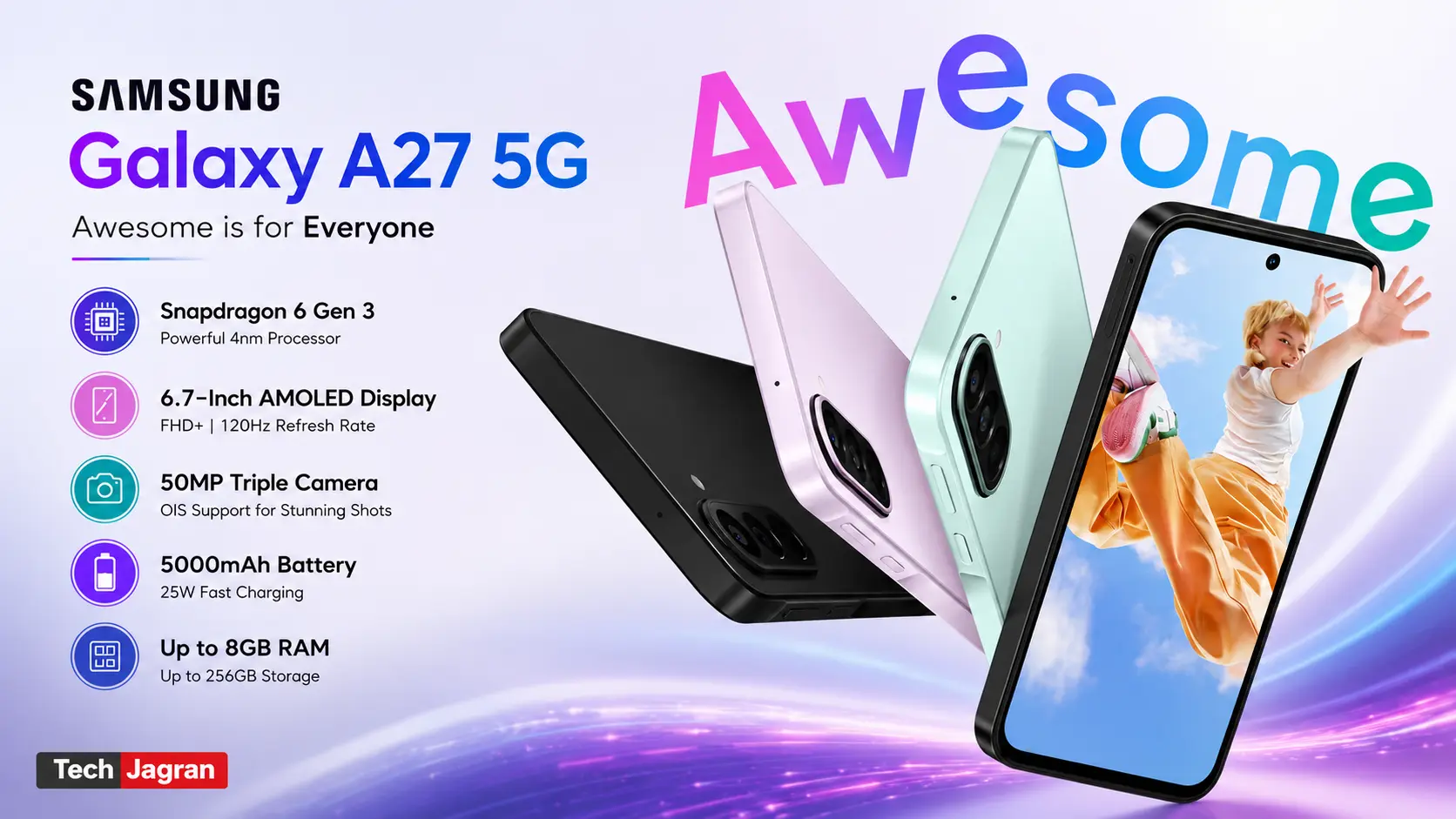 Samsung Galaxy A27 5G in Light Green featuring a 6.7-inch 120Hz Super AMOLED display.