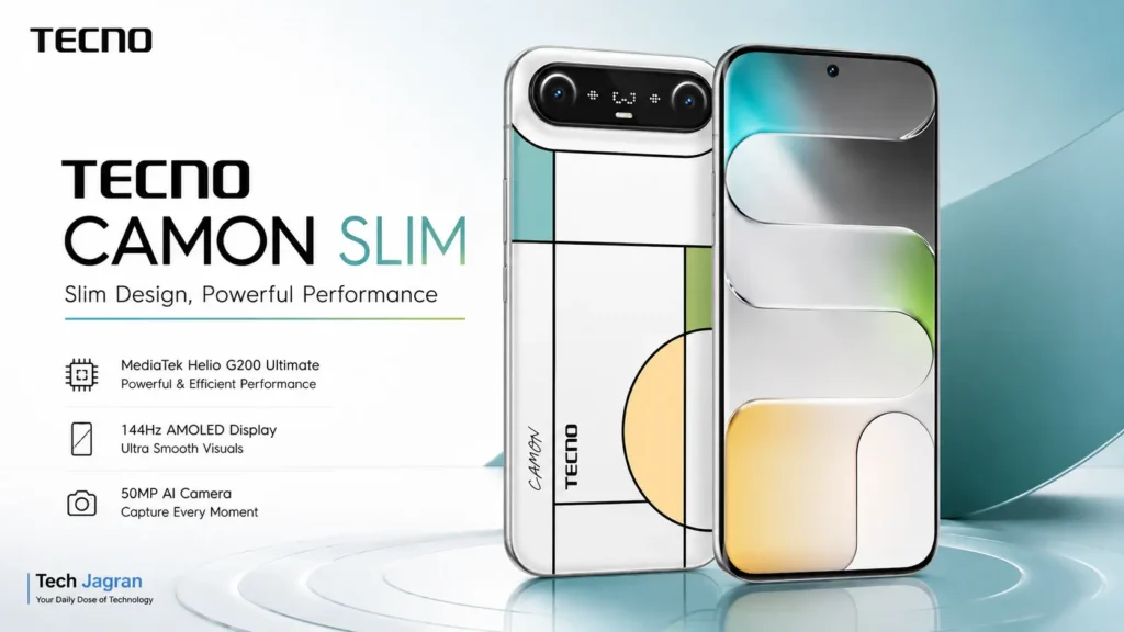 Tecno Camon Slim showing its ultra-thin 6.39mm profile and 144Hz AMOLED display.
