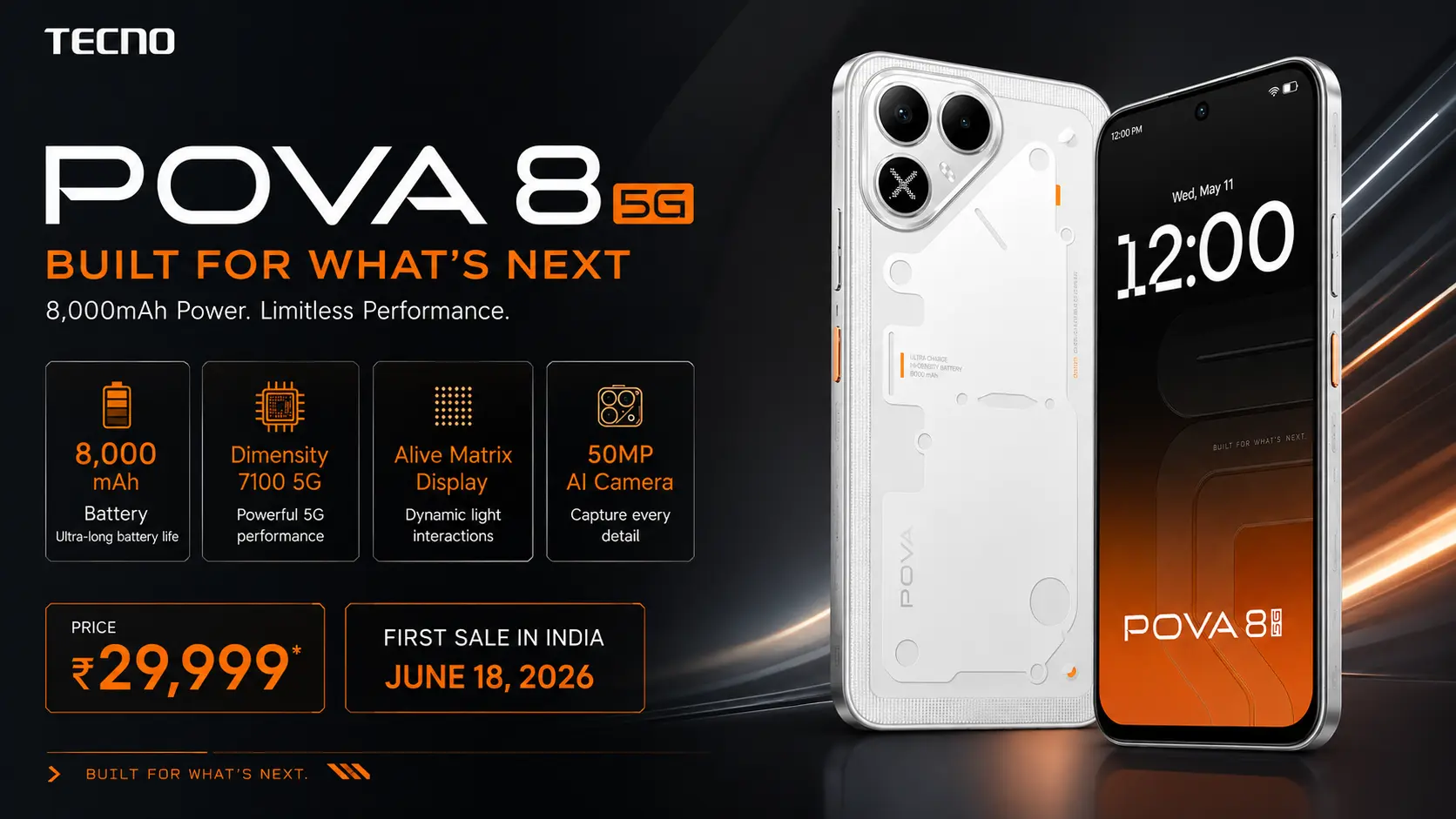 Tecno Pova 8 featuring the rear Alive Matrix Display and an 8,000mAh battery.