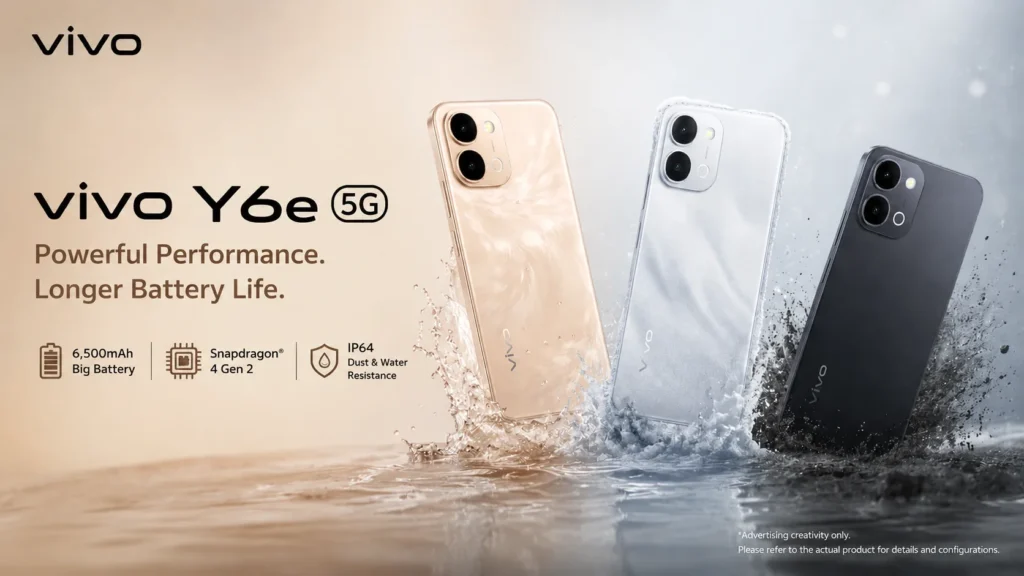 Vivo Y6e 5G in Sunset Blue featuring a massive 6,500mAh battery.