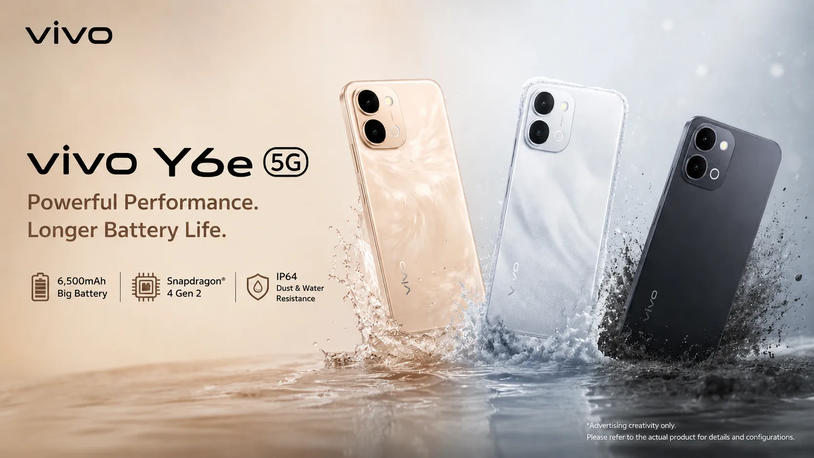 Vivo Y6e 5G in Sunset Blue featuring a massive 6,500mAh battery.