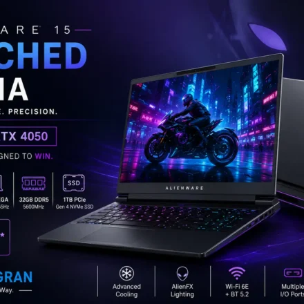 Alienware 15 gaming laptop in Nova Black finish featuring 15.3-inch 165Hz display and Alienware Cryo-tech cooling.