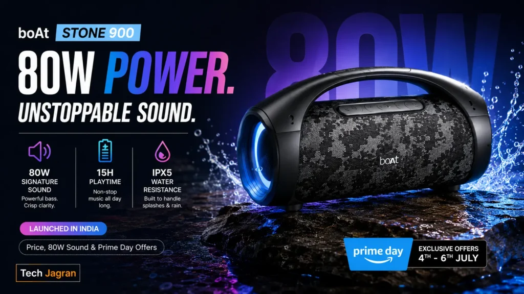 boAt Stone 900 portable Bluetooth speaker in Jungle Terrain with dynamic RGB party lighting active.