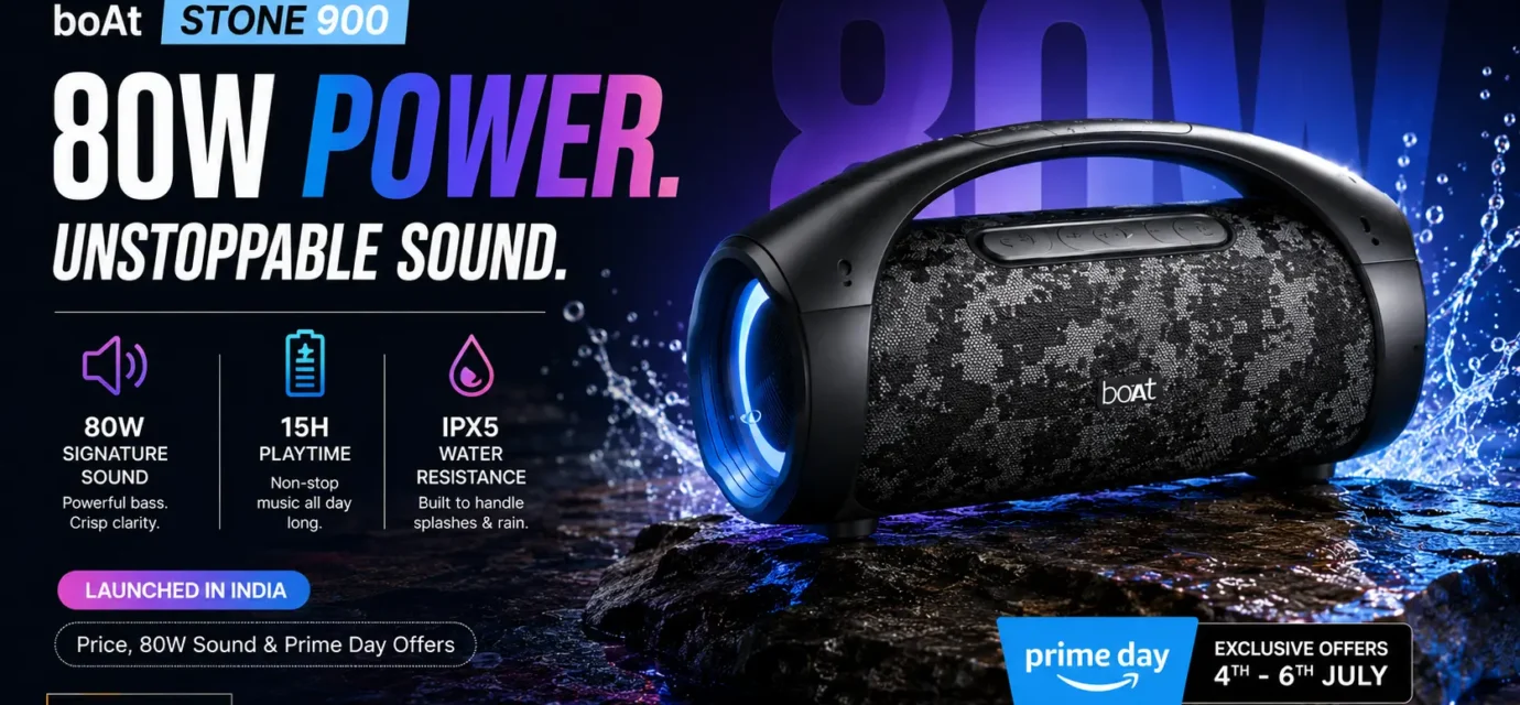 boAt Stone 900 portable Bluetooth speaker in Jungle Terrain with dynamic RGB party lighting active.