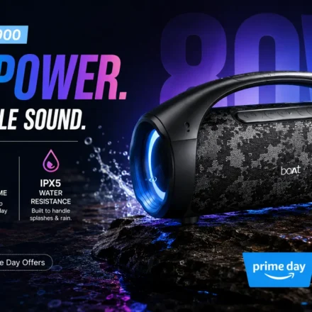 boAt Stone 900 portable Bluetooth speaker in Jungle Terrain with dynamic RGB party lighting active.