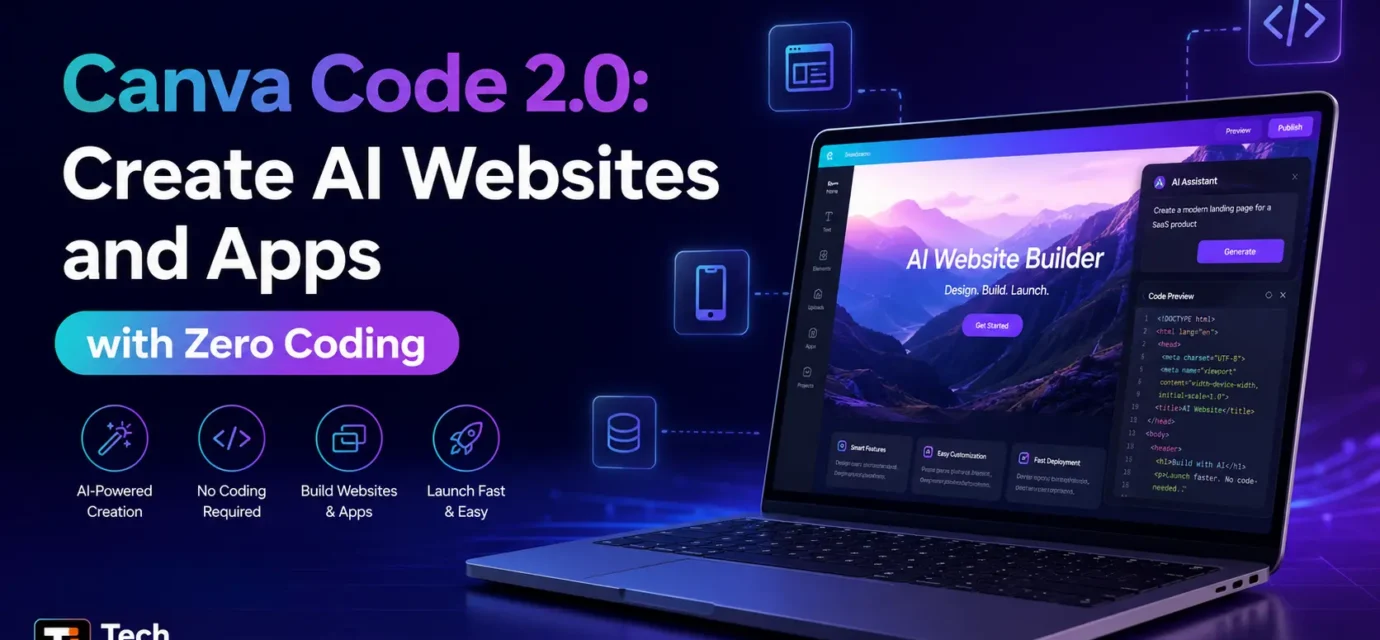 Canva Code 2.0 interface showing AI website creation via simple text prompts.
