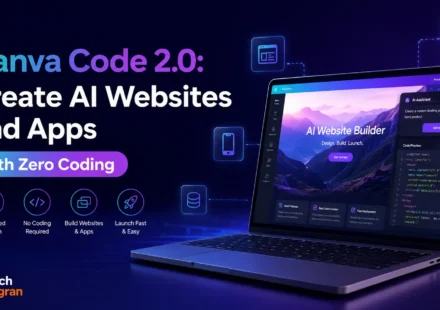 Canva Code 2.0 interface showing AI website creation via simple text prompts.