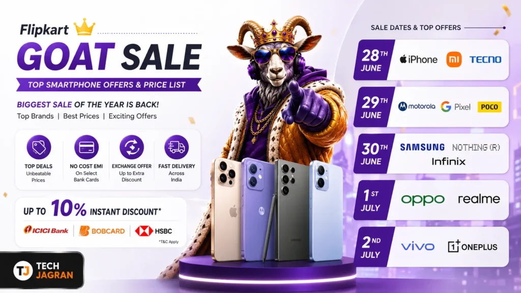 Best smartphone deals in Flipkart GOAT Sale 2026 featuring massive price cuts on budget and mid-range 5G phones.