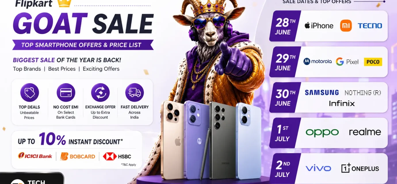 Best smartphone deals in Flipkart GOAT Sale 2026 featuring massive price cuts on budget and mid-range 5G phones.