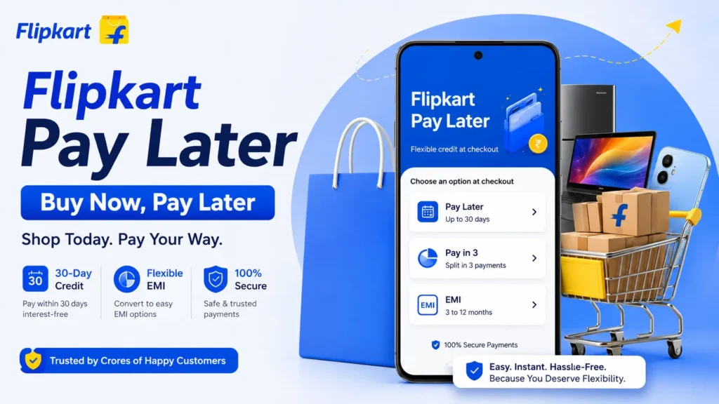 Flipkart Pay Later: Easy Digital Credit for Online Shopping. Flipkart Pay Later checkout screen showing flexible EMI, Pay in 3, and 30-day repayment options.