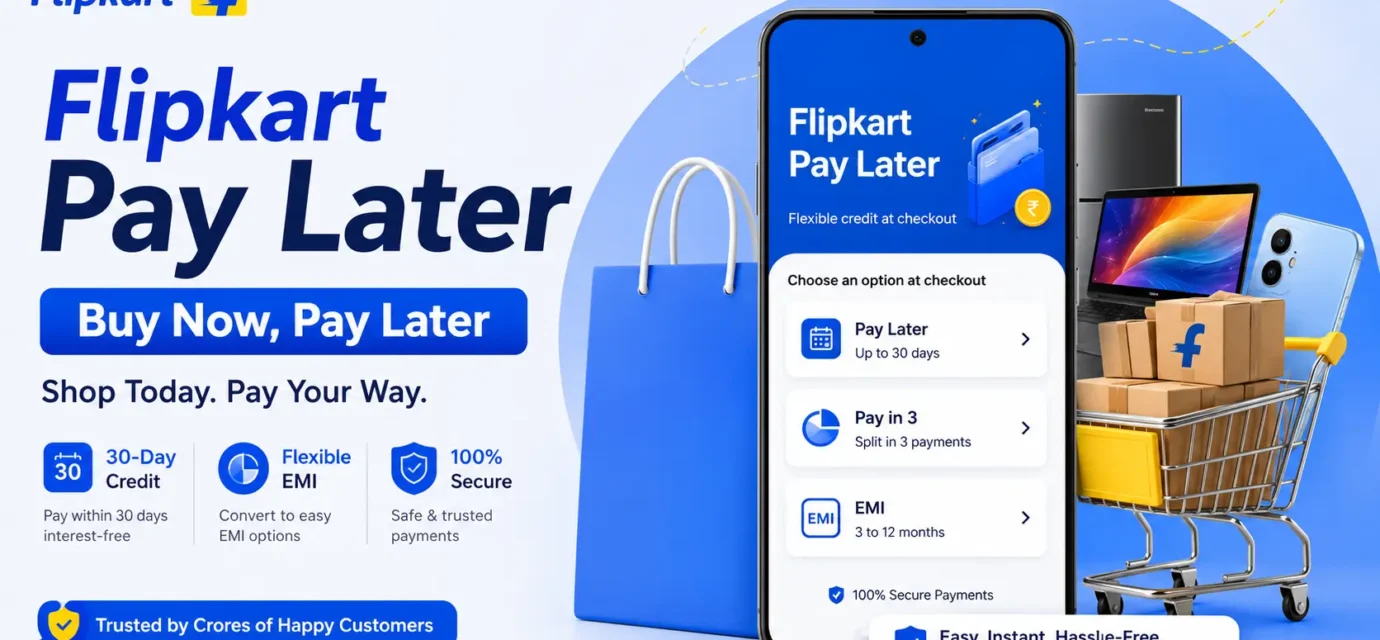 Flipkart Pay Later checkout screen showing flexible EMI, Pay in 3, and 30-day repayment options.