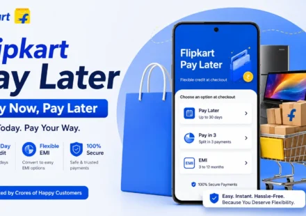 Flipkart Pay Later checkout screen showing flexible EMI, Pay in 3, and 30-day repayment options.