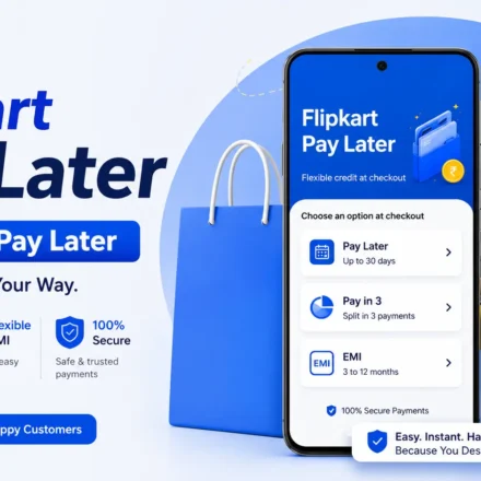 Flipkart Pay Later checkout screen showing flexible EMI, Pay in 3, and 30-day repayment options.