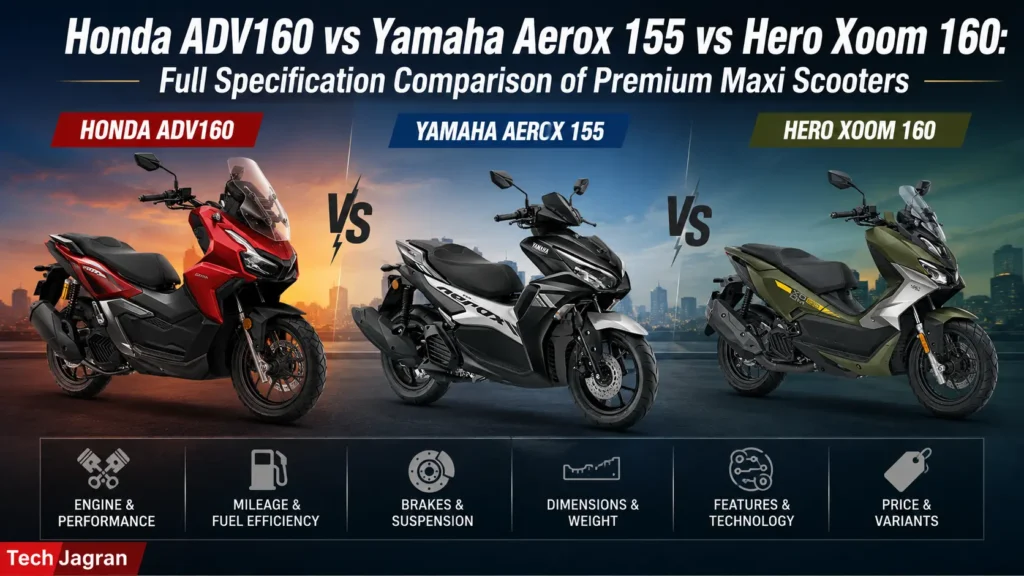 Honda ADV160 vs Yamaha Aerox 155 vs Hero Xoom 160 side-by-side comparison showcasing adventure styling and TFT display panels.
