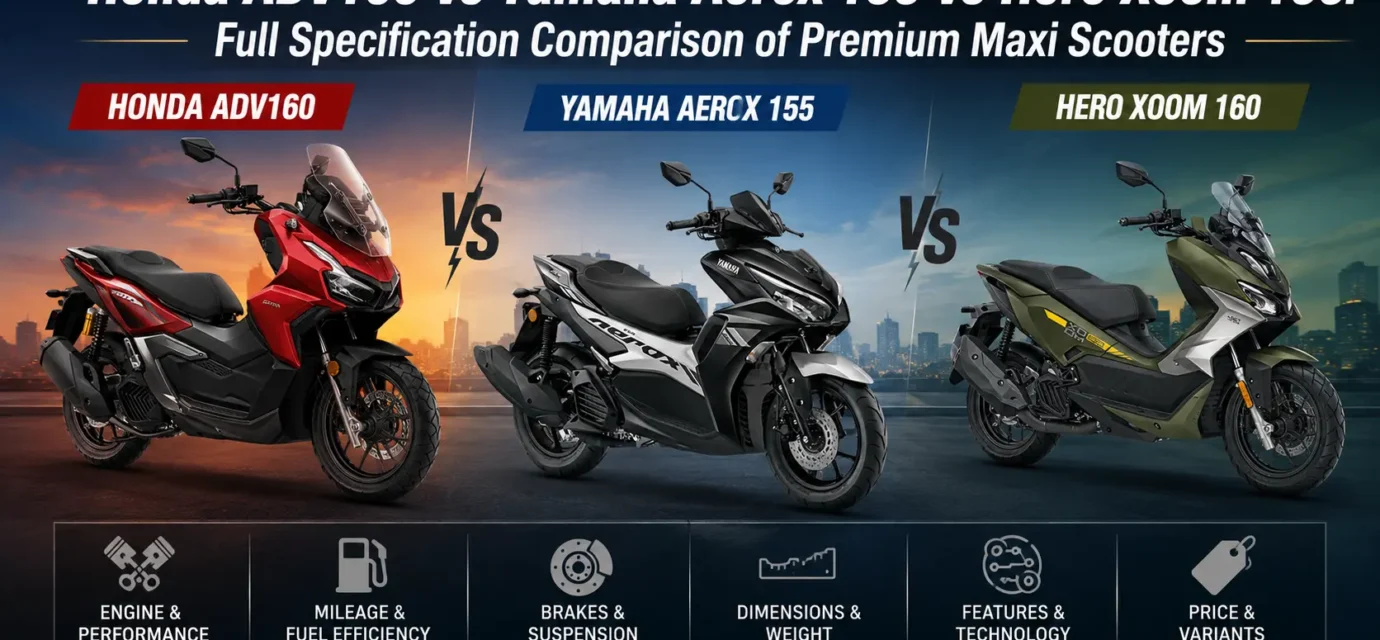 Honda ADV160 vs Yamaha Aerox 155 vs Hero Xoom 160 side-by-side comparison showcasing adventure styling and TFT display panels.