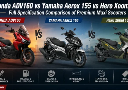 Honda ADV160 vs Yamaha Aerox 155 vs Hero Xoom 160 side-by-side comparison showcasing adventure styling and TFT display panels.
