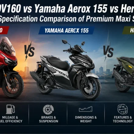 Honda ADV160 vs Yamaha Aerox 155 vs Hero Xoom 160 side-by-side comparison showcasing adventure styling and TFT display panels.