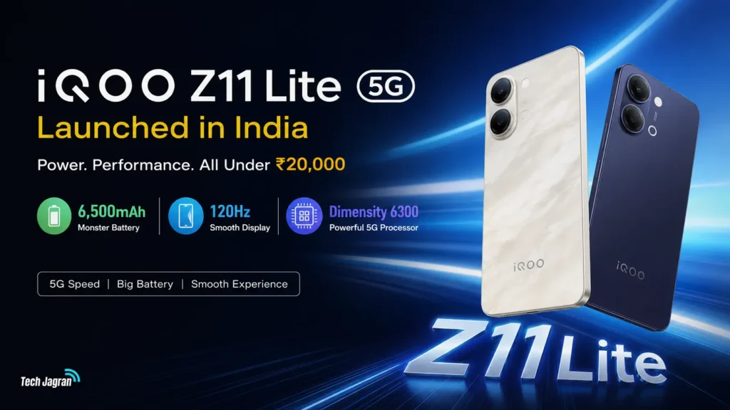iQOO Z11 Lite 5G: Budget Battery Beast with 120Hz Display. iQOO Z11 Lite 5G in Solar Flame and Midnight Blue showing 6,500mAh battery design and 120Hz display.