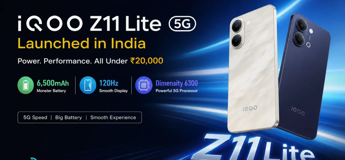 iQOO Z11 Lite 5G in Solar Flame and Midnight Blue showing 6,500mAh battery design and 120Hz display.