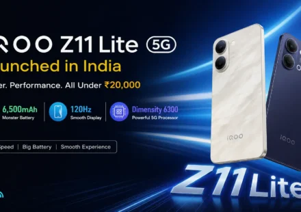 iQOO Z11 Lite 5G in Solar Flame and Midnight Blue showing 6,500mAh battery design and 120Hz display.