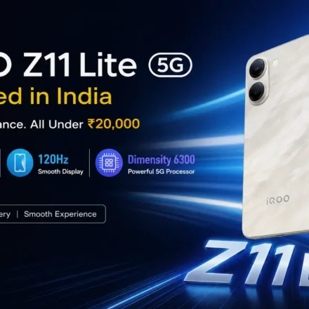 iQOO Z11 Lite 5G in Solar Flame and Midnight Blue showing 6,500mAh battery design and 120Hz display.