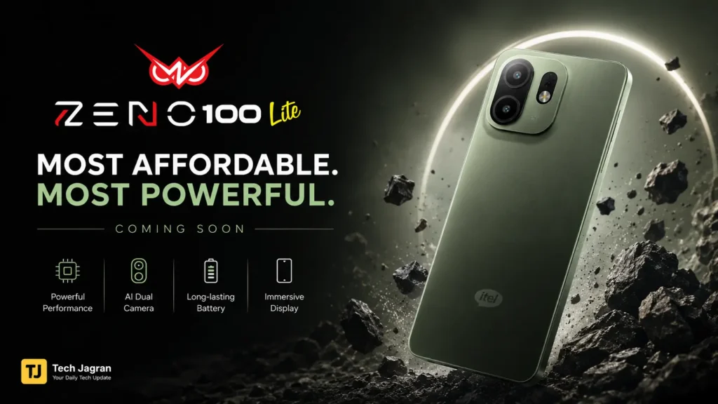 itel Zeno 100 Pro and Zeno 100 Lite showing military-grade durability and dual rear camera design layout.