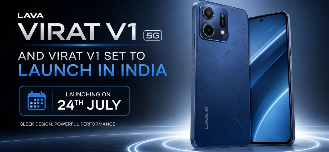 Lava Virat V1 5G in Arya Blue and Sonar Gold showing flat-frame design and dual rear cameras.