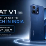 Lava Virat V1 5G in Arya Blue and Sonar Gold showing flat-frame design and dual rear cameras.
