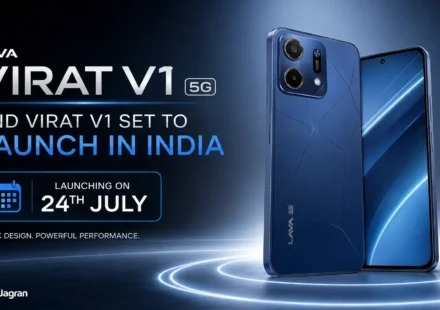 Lava Virat V1 5G in Arya Blue and Sonar Gold showing flat-frame design and dual rear cameras.
