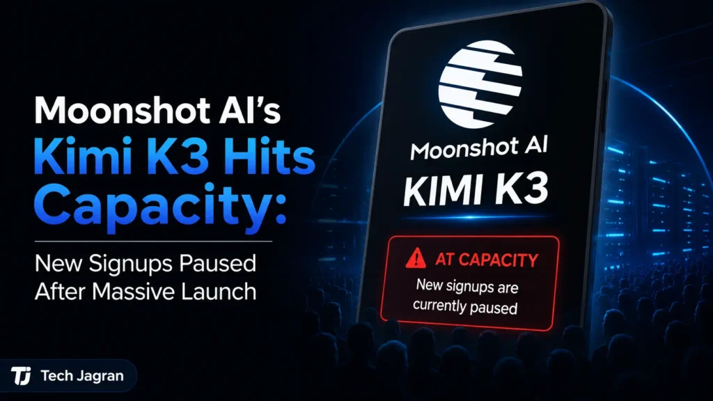 Moonshot AI Kimi K3: Massive Demand Hits GPU Limits. Moonshot AI Kimi K3 platform interface showing GPU capacity signup pause notice and coding capabilities.