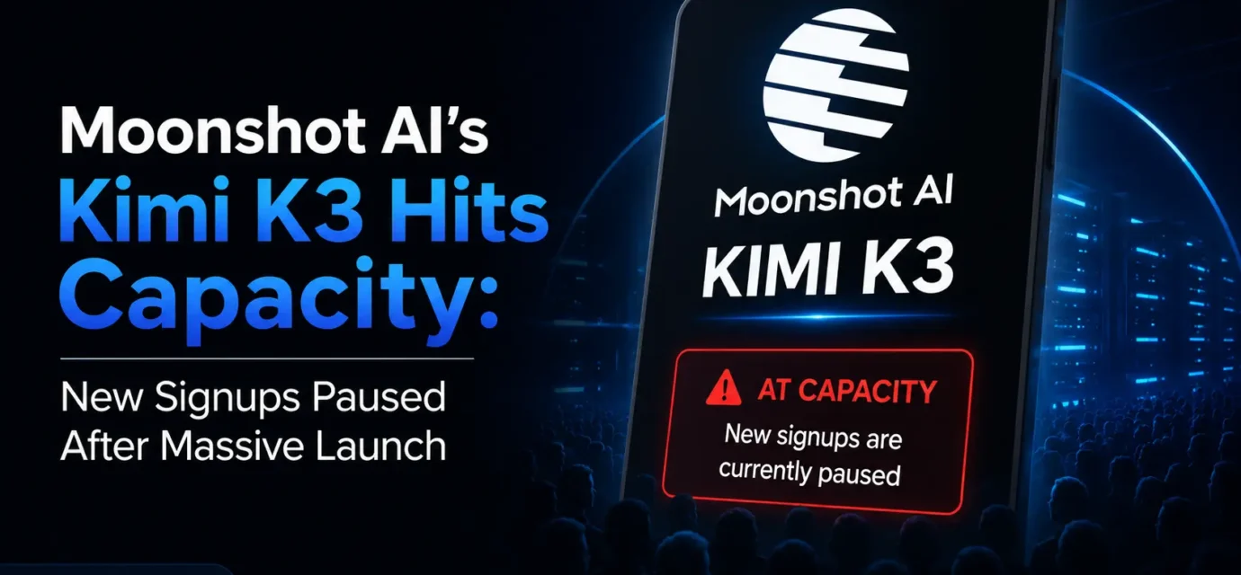 Moonshot AI Kimi K3 platform interface showing GPU capacity signup pause notice and coding capabilities.