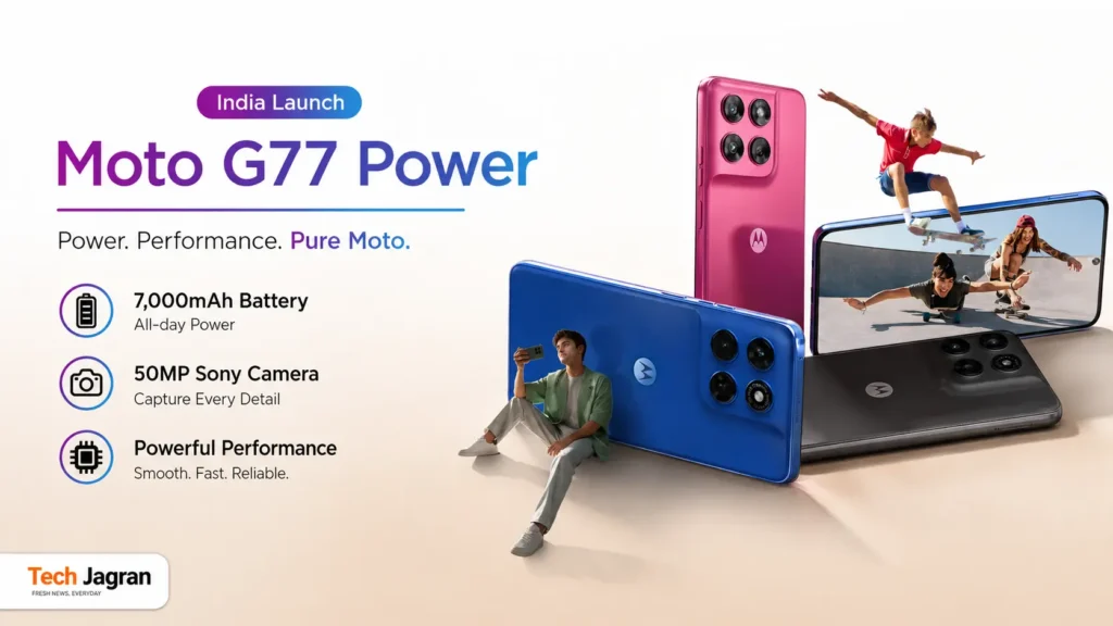 Moto G77 Power: Military-Grade Toughness with a 7,000mAh Battery Moto G77 Power in Pantone Fuchsia Red featuring a 7,000mAh battery and a 50MP Sony LYT-600 rear camera array.