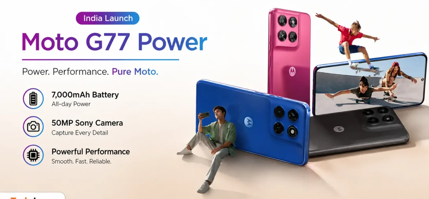 Moto G77 Power in Pantone Fuchsia Red featuring a 7,000mAh battery and a 50MP Sony LYT-600 rear camera array.