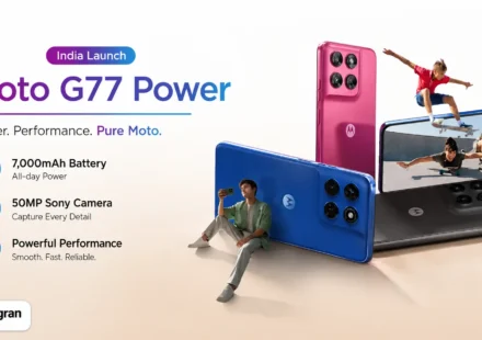 Moto G77 Power in Pantone Fuchsia Red featuring a 7,000mAh battery and a 50MP Sony LYT-600 rear camera array.