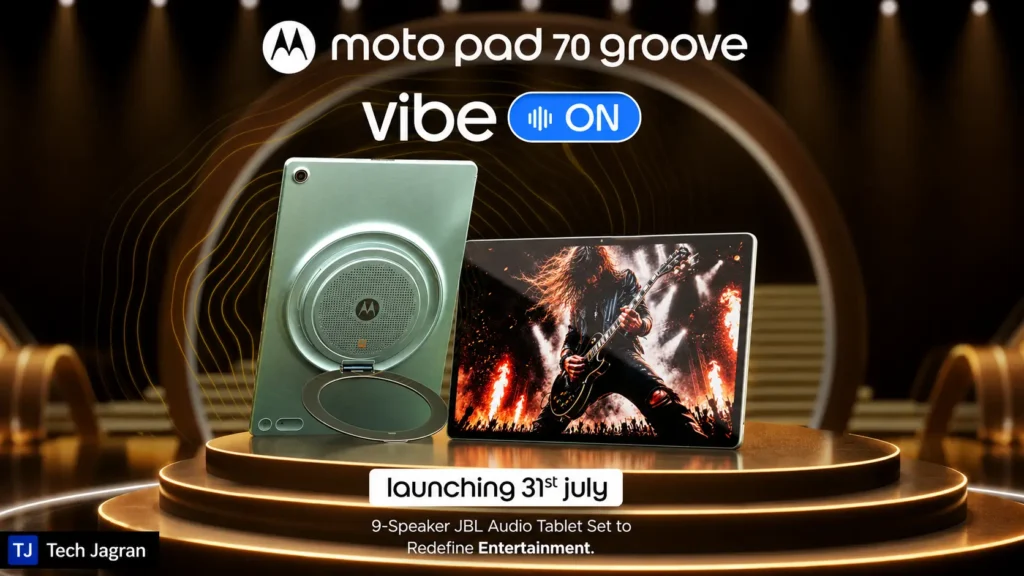 Moto Pad 70 Groove: India's First 9-Speaker JBL Audio Tablet. Moto Pad 70 Groove tablet featuring a 12.1-inch 2.5K display and 9-speaker JBL audio setup.