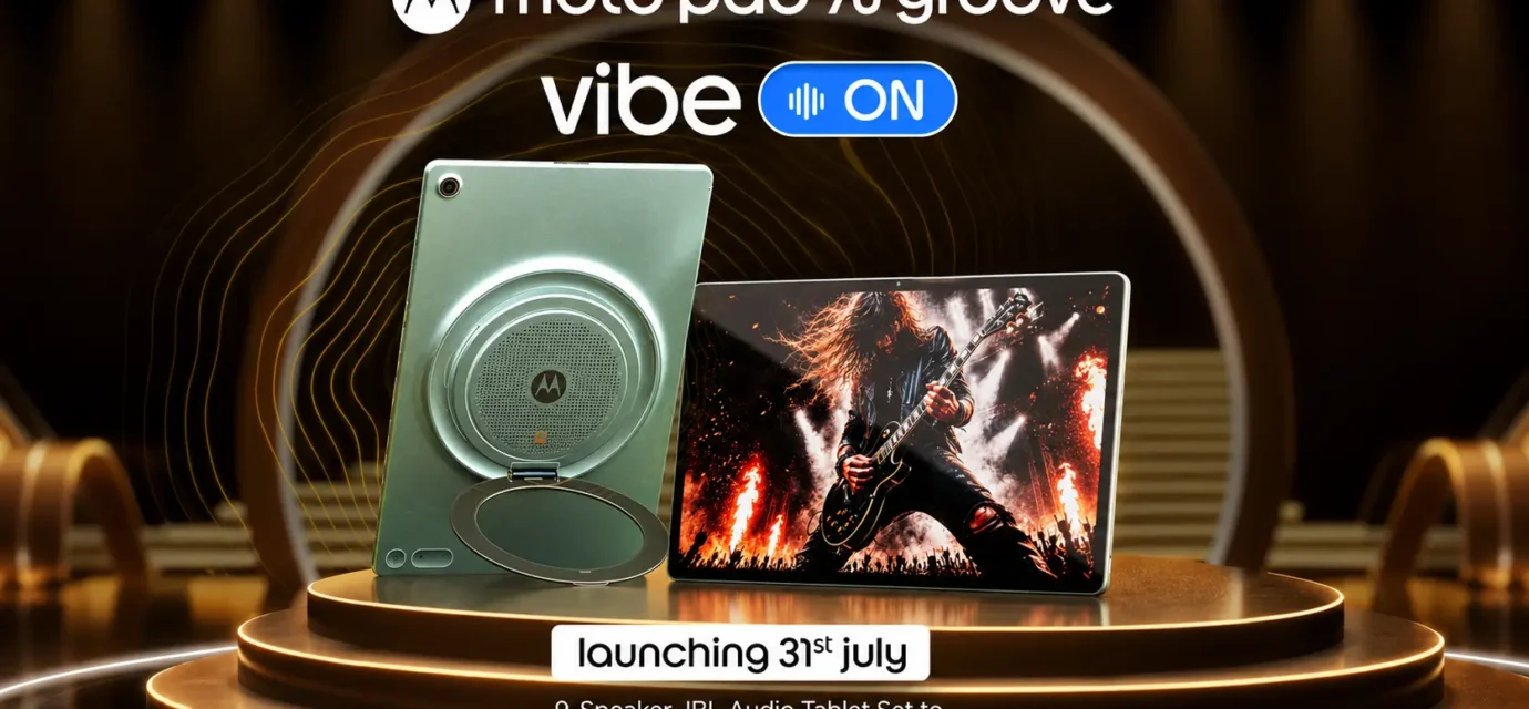 Moto Pad 70 Groove tablet featuring a 12.1-inch 2.5K display and 9-speaker JBL audio setup.