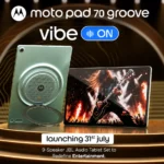 Moto Pad 70 Groove tablet featuring a 12.1-inch 2.5K display and 9-speaker JBL audio setup.