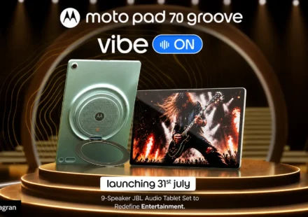 Moto Pad 70 Groove tablet featuring a 12.1-inch 2.5K display and 9-speaker JBL audio setup.
